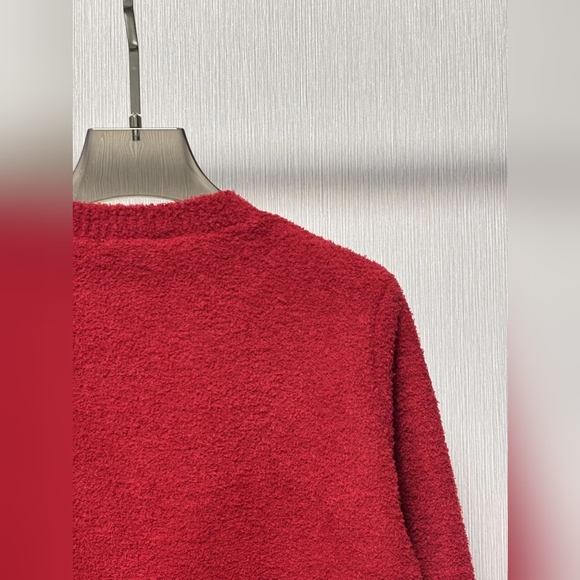 Celine Red Crewneck Stereoscopic Letter Logo Embroidered Knit Cardigan - Picture 6 of 9